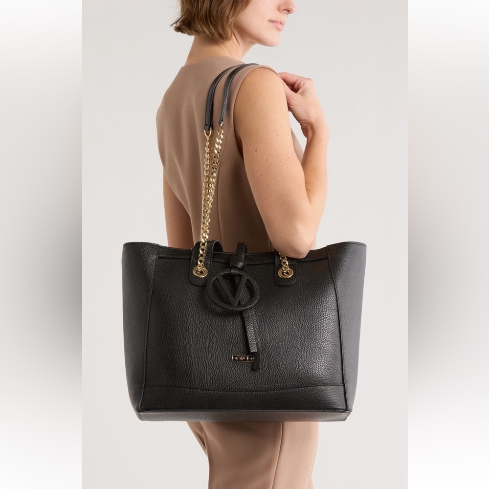 Mario Valentino Callie Pebbled Leather Chain Tote Black NWT Rare
